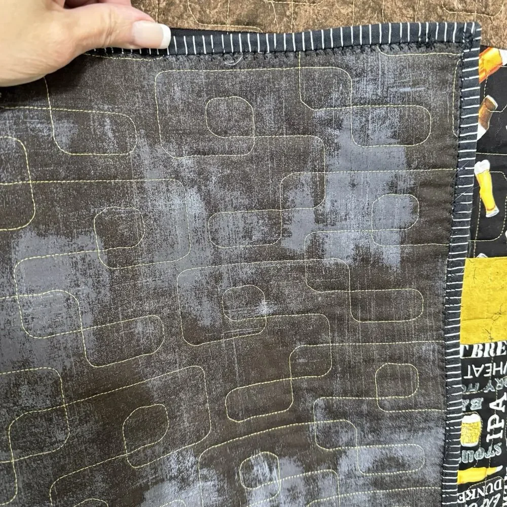 Handmade Quilt BEER BAR Theme Throw 45x66 Fun Novelty Gift Black Gold Brown EUC